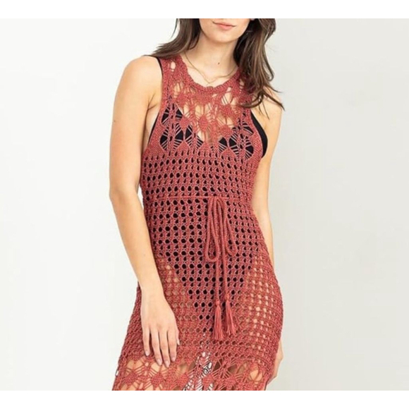 Tasseled, Long Hollowed Out Swimsuit Coverup In Rusty Red - Picture 5 of 7